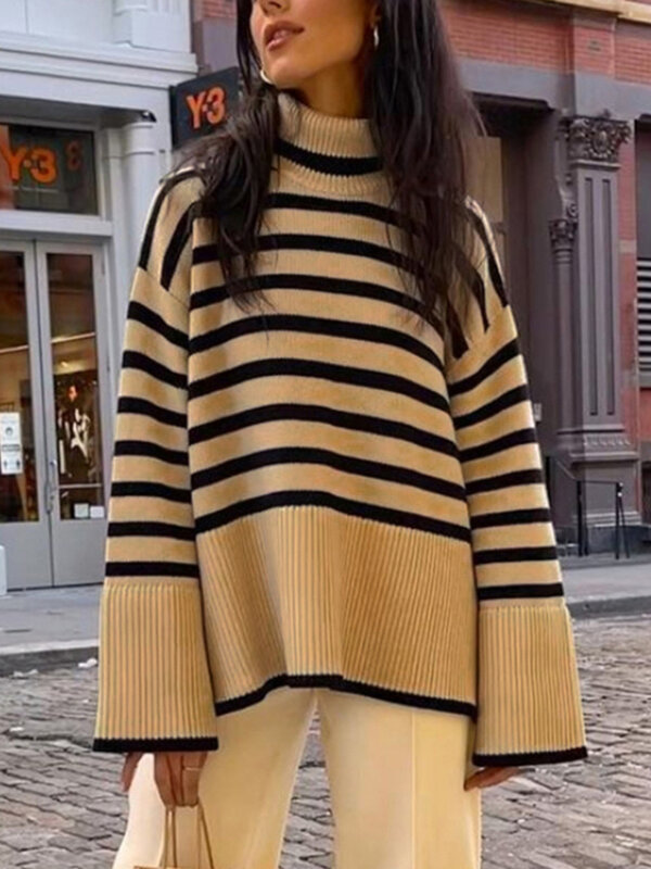 Atasan Sweater wanita, Pullover musim gugur musim dingin, lengan panjang, Mode Korea, Sweater ukuran besar, atasan leher kura-kura, rajut, komuter