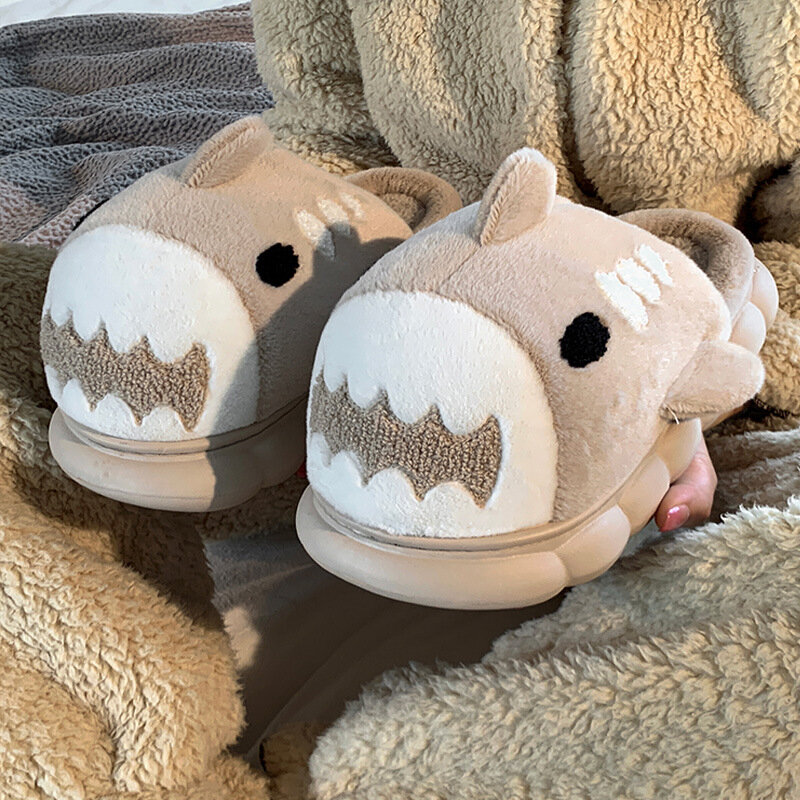 Cute Shark Slippers For Winter Women Man Home Slippers Cute Couple Instagram Outwear Thick Sole Plush Anti Slip Slippers