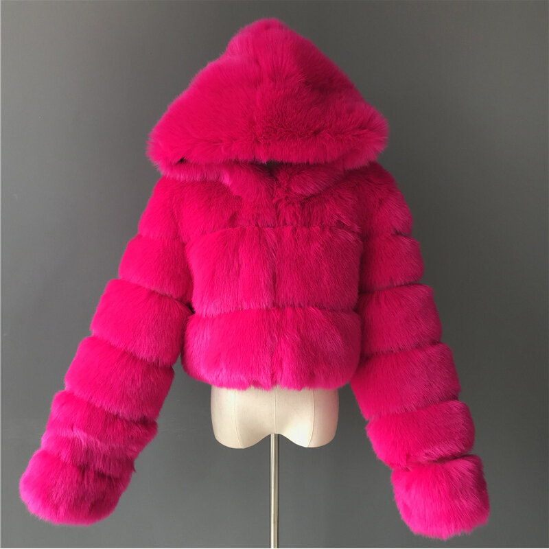 Hochwertige Furry Gestellte Faux Pelz Mäntel und Jacken Frauen Flauschigen Top Mantel Mit Kapuze Winter Pelz Jacke Manteau Femme