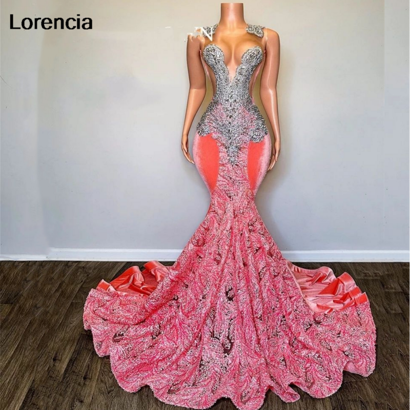 Lorencia Sparkly Pink Prom Dress For Black Girls Silver Beaded Rhinestone Velvet Birthday Party Gown Vestidos De Festa YPD58