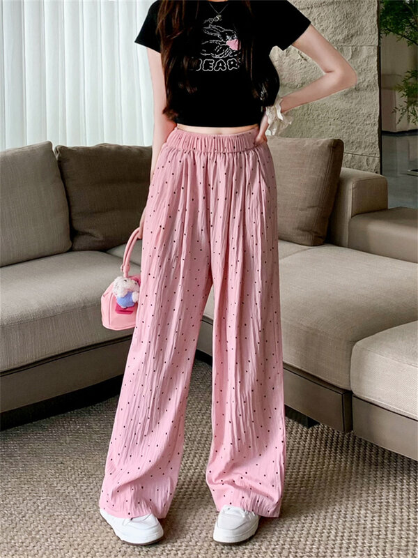 PLAMTEE 5 Colors Women Polka Dots Pants Wide Leg Loose Summer 2024 Casual Mopping New High Street All Match Fashion Straight