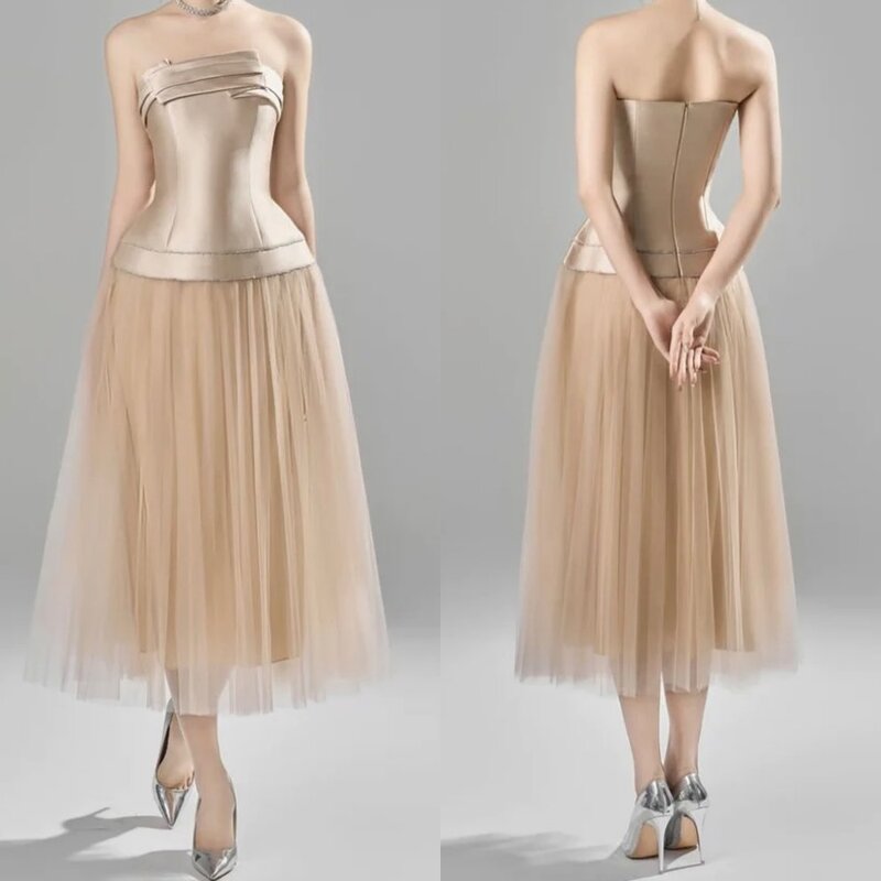 Strapless cetim plissado Ball Dress, Evening Prom, Arábia Saudita, A-Line Vestido, Ocasião sob medida