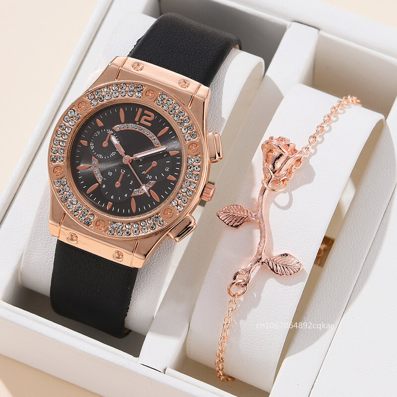 Conjunto de relógios de pulseira feminina, relógio de pulso strass luxuoso, relógio de quartzo elegante para meninas, moda