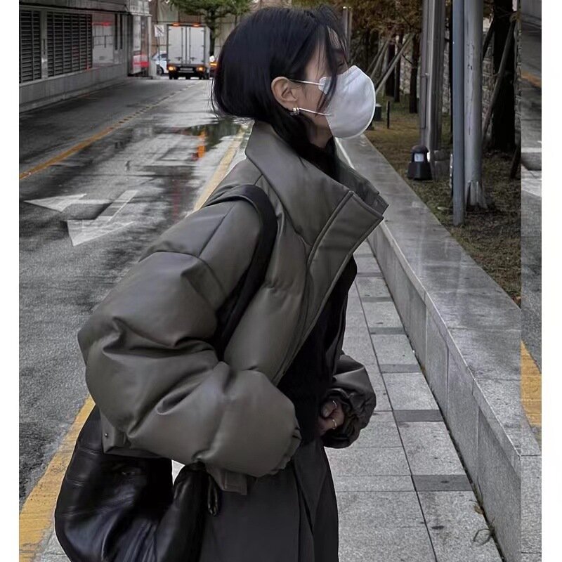 Autumn Winter Thickened Warm Leather Parkas Women Loose Stand Collar Coats Female Elegant Elastic Cuffs Padded Jackets