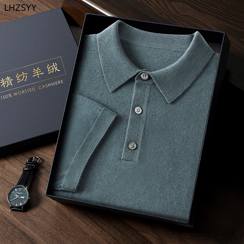 Lhzsyy-Camisola de caxemira pura de manga curta masculina, caxemira de cabra 100% pura, camiseta com gola polo penteante, camisa base de malha, suéter high-end, nova