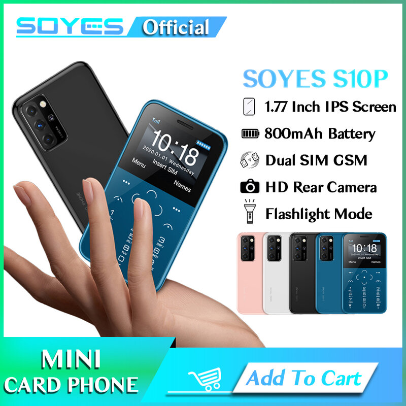 SOYES-Original Mini Card Phone, S10P, 2G GSM, 800mAh, 1,77 '', MTK6261M, ultra-fino, moda, crianças