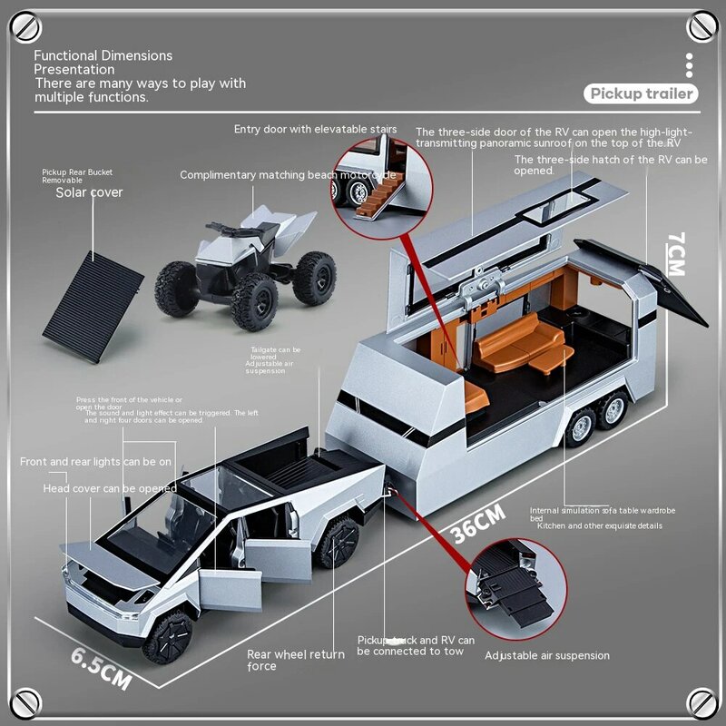 1:32 Toy Trucks for Boys Cybertruck Model Silver Pickup Truck Diecast Metal Toy Cars with Sound and Light for Kids Age 3 Year