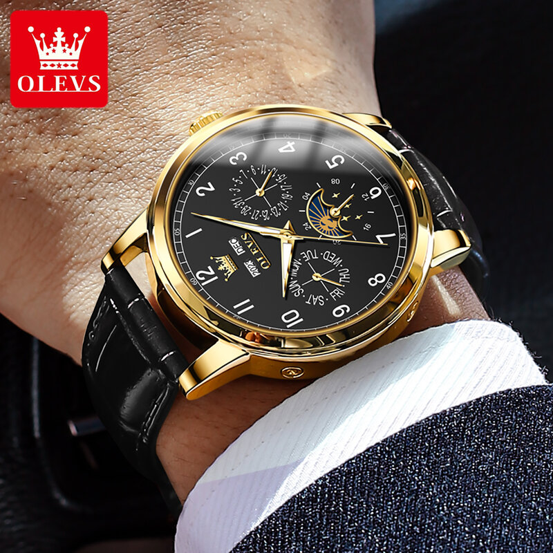 OLEVS Luxury Top Automatic Mechanical Watch for Men Moon Phase Auto Date Week Hand Clock Leather Strap Waterproof Man Watch New