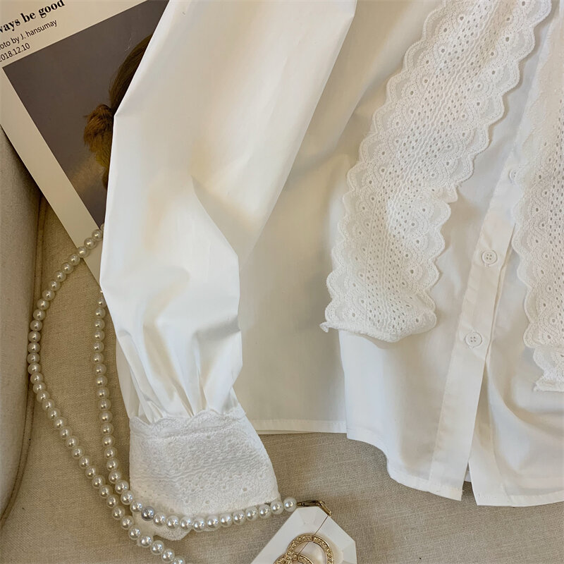 Elegante Moda Tie Up Splicing camicia a maniche lunghe in pizzo per le donne 2024 primavera autunno nuova camicetta Blusas Mujer De Moda