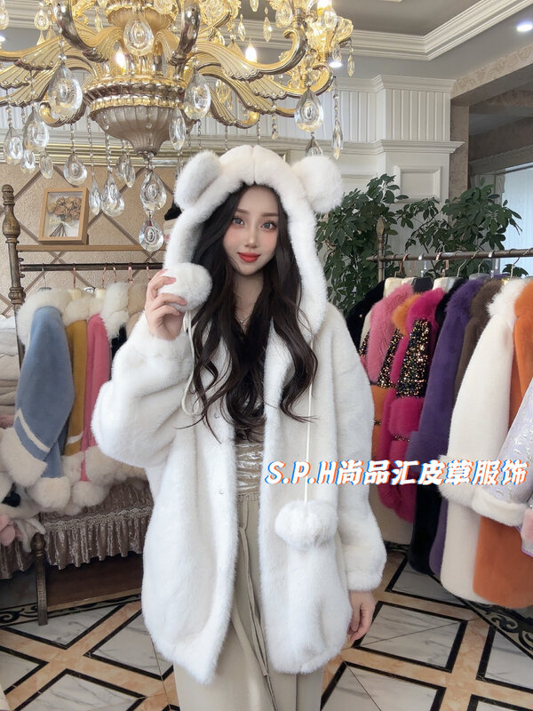 Cute Fur Ball Faux Fur Coat for Women 2023 Winter New Bear Ears Hooded Mink Fur Thickened Fashionable Sweet Jacket Female