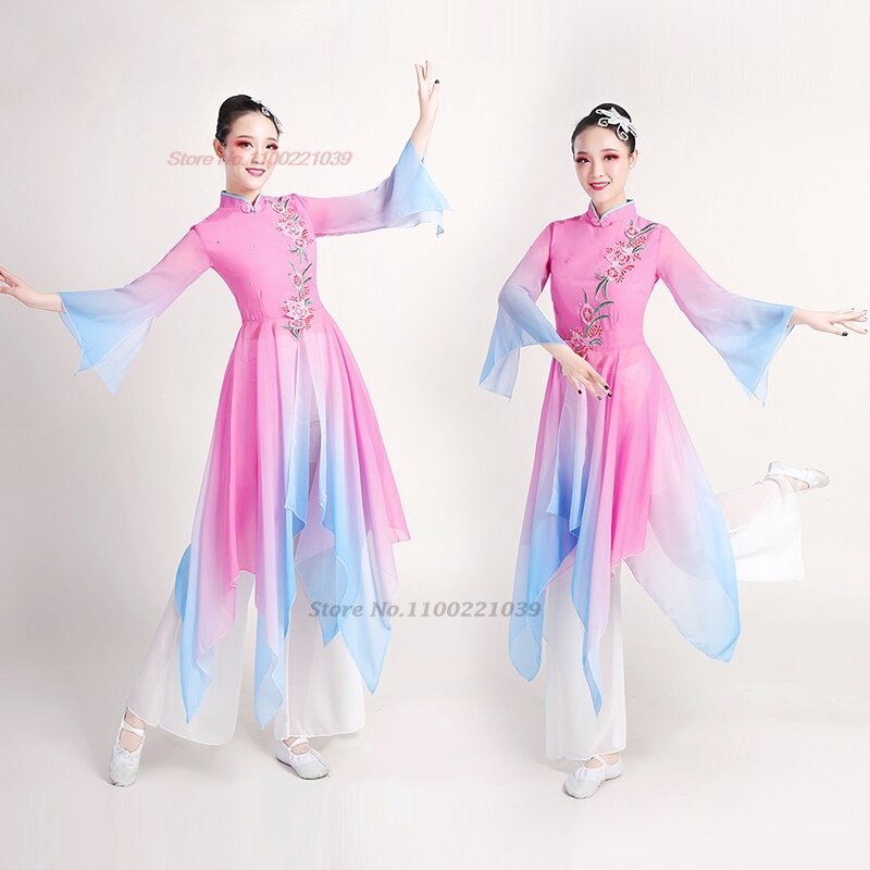 2024 chinesische Vintage Volkstanz Kostüm Blumen stickerei Qipao Tops Hosen Set Vintage Chiffon Kleid Bühne Performance Tanz Set