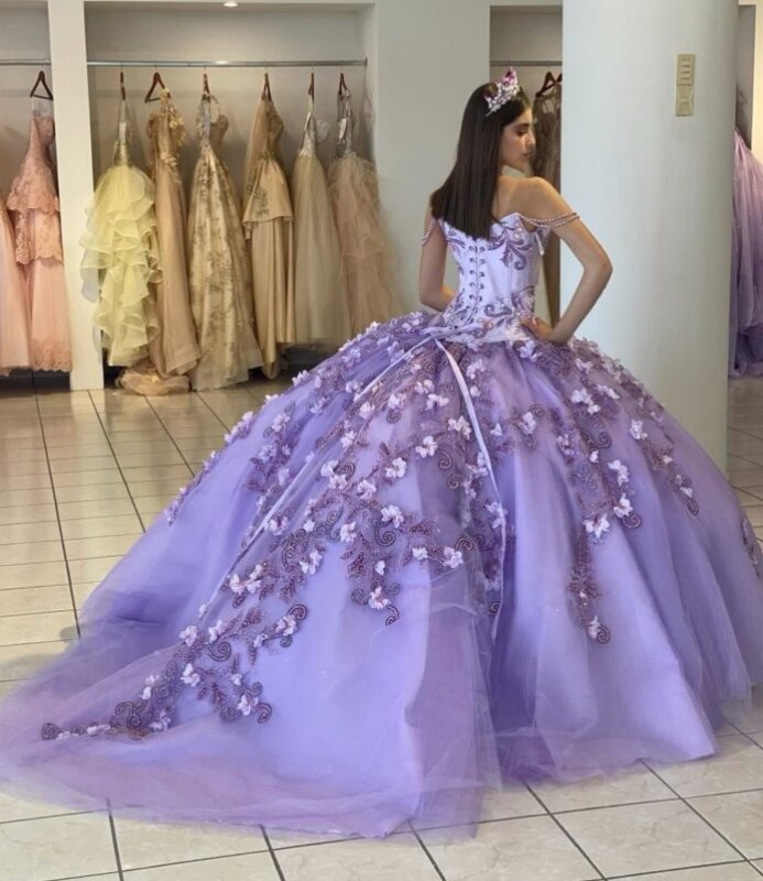 Lilac Princess Quinceanera Dresses Ball Gown Off The Shoulder Tulle Appliques Sweet 16 Dresses 15 Años Mexican