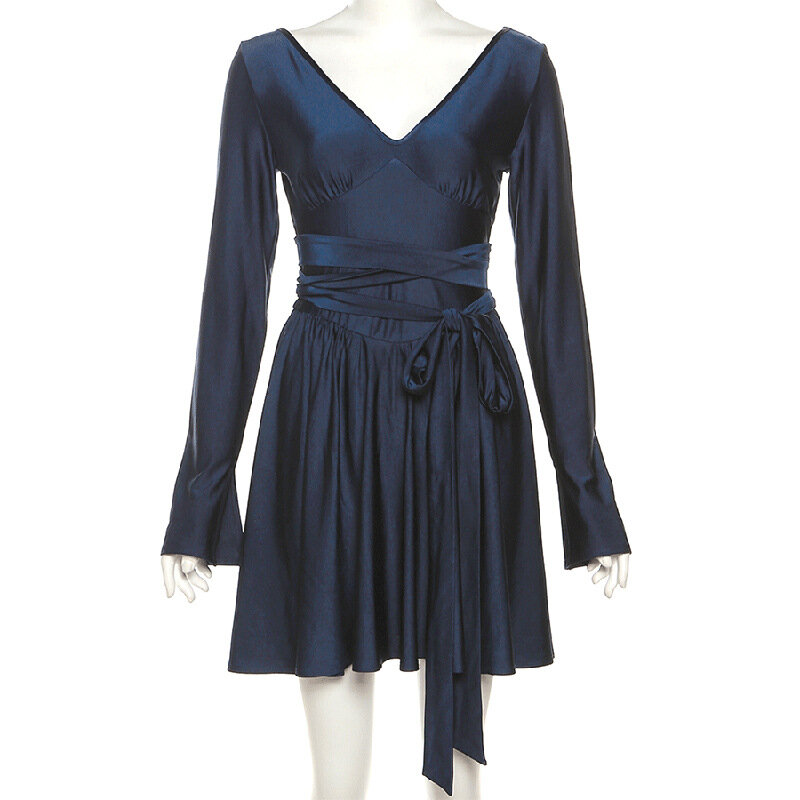 Женское платье для выпускного вечера, голубое короткое вечернее мини-платье с длинным рукавом и V-образным вырезом, популярная уличная одежда для девушек, повседневные халаты