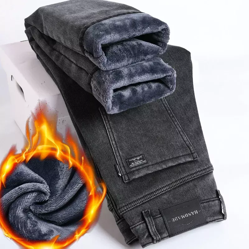 Męskie ciepłe dżinsy z polarem zimowe nowe grube aksamitne spodnie typu Slim Fit Casual klasyczne czarne niebieskie elastyczna bawełna spodnie dżinsowe