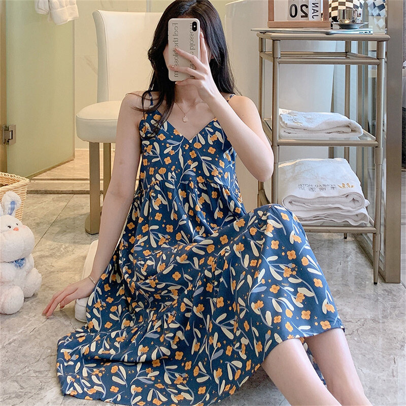 Women Viscose Nightgown Sexy Sling Nightdress Summer Thin Casual Breathable Home Costume Girl Sweet Printing Lingerie Sleepwear