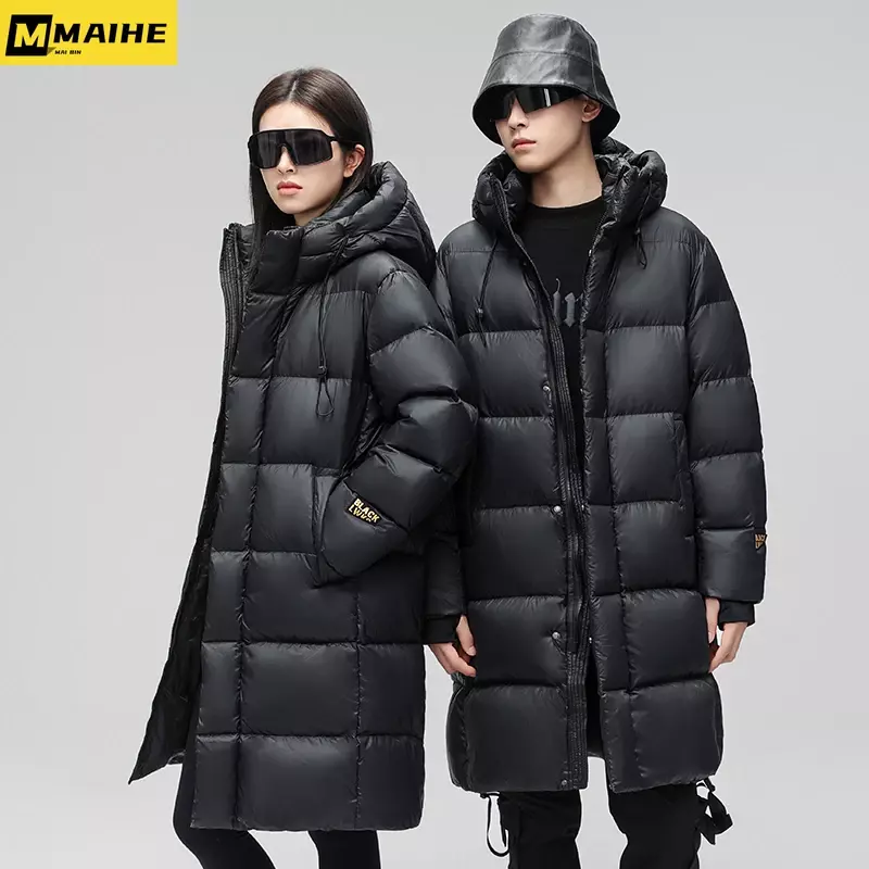 Jaket pasangan Musim Dingin, jaket panjang hitam emas pria dan wanita baru 2023 tren 90% muda putih mantel pakaian ski olahraga luar ruangan