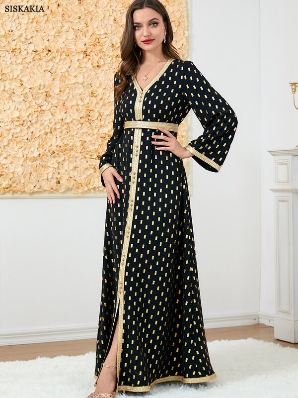 Платья для женщин 2022 Лента отделка v-образным вырезом пуговица Платье макси с длинным рукавом Турция Дубай Арабский Оман марокканский кафтан мусульманская одежда