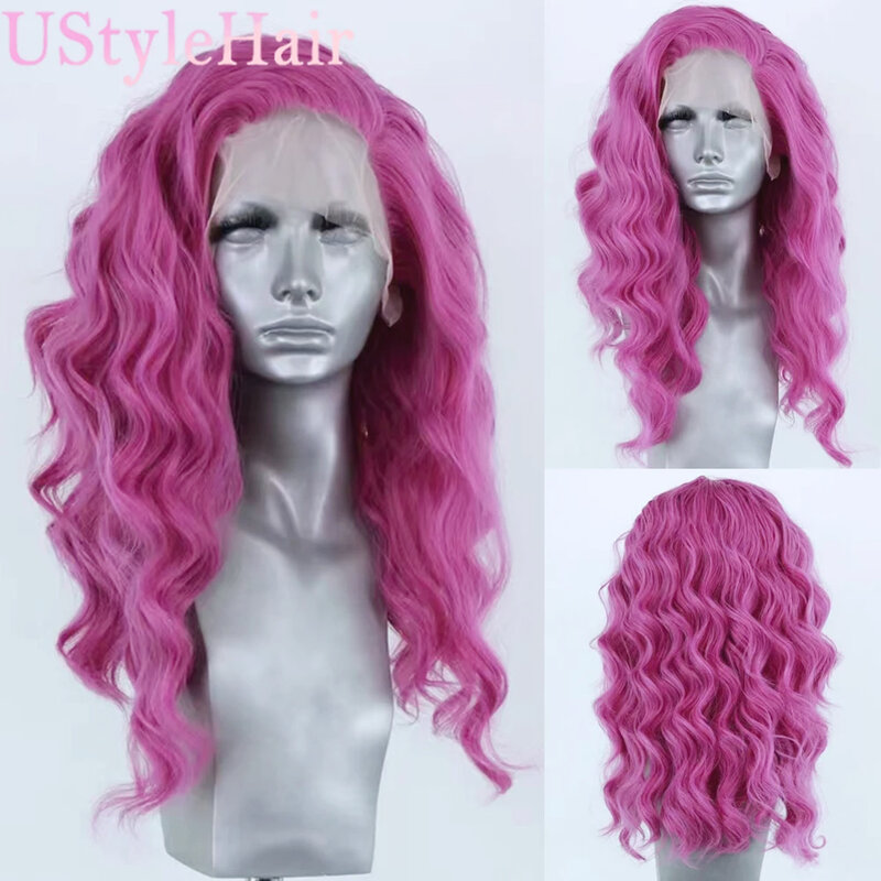 UStyleHair Wig renda merah muda panas Wig depan renda gelombang tubuh panjang untuk wanita anak perempuan garis rambut alami rambut sintetis tahan panas harian