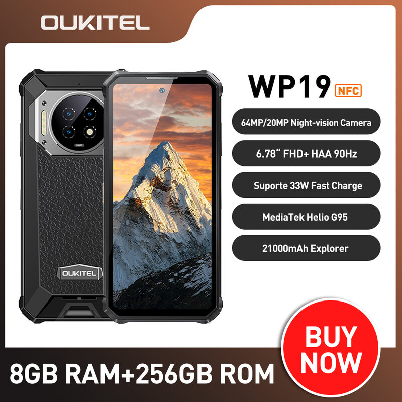 Oukitel-WP19 Celular Robusto, 8GB, 256GB, Android 12, Visão Nocturna, 21000mAh, 90Hz, Helio G95, Câmera 64M, Smartphone