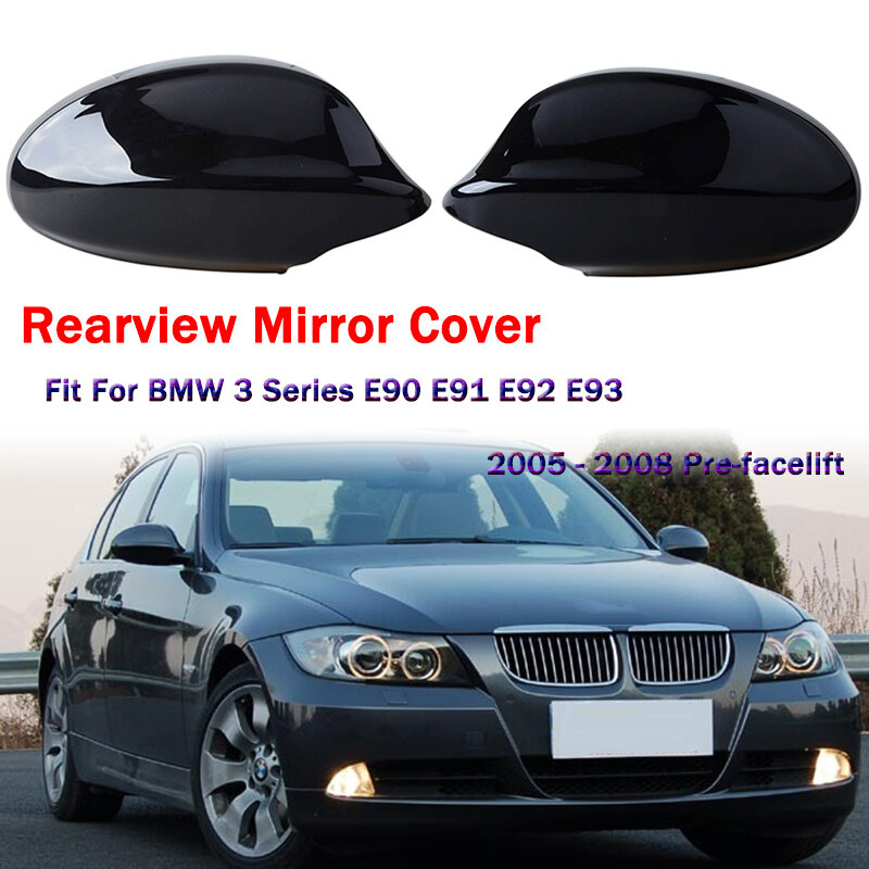 Cubierta de espejo retrovisor, carcasa de espejo lateral negro brillante, compatible con BMW Serie 3, E90, E91, E92, E93, 2005-2008, modelo pre-facelift
