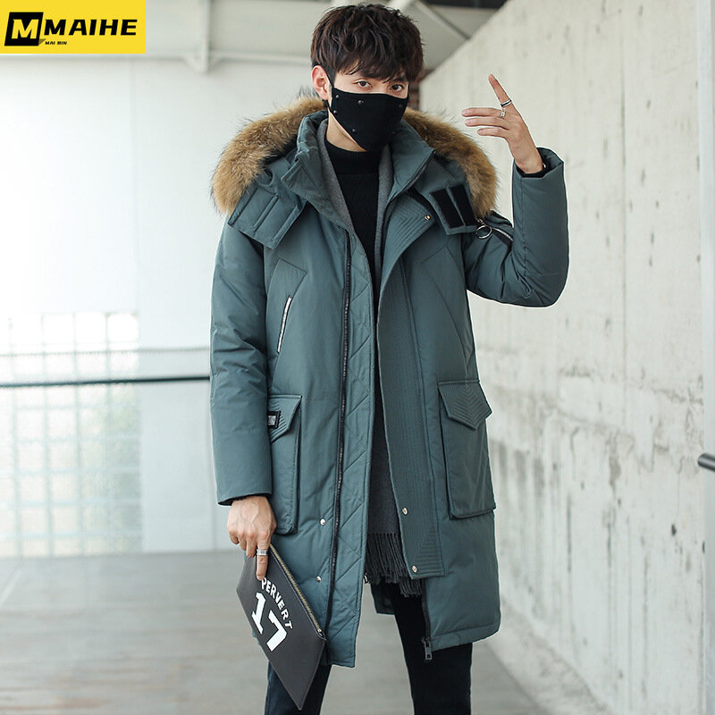 Jaket Parka Korea pria, jaket Parka tebal panjang di atas lutut, mantel kerah bulu mode trendi musim dingin 2023