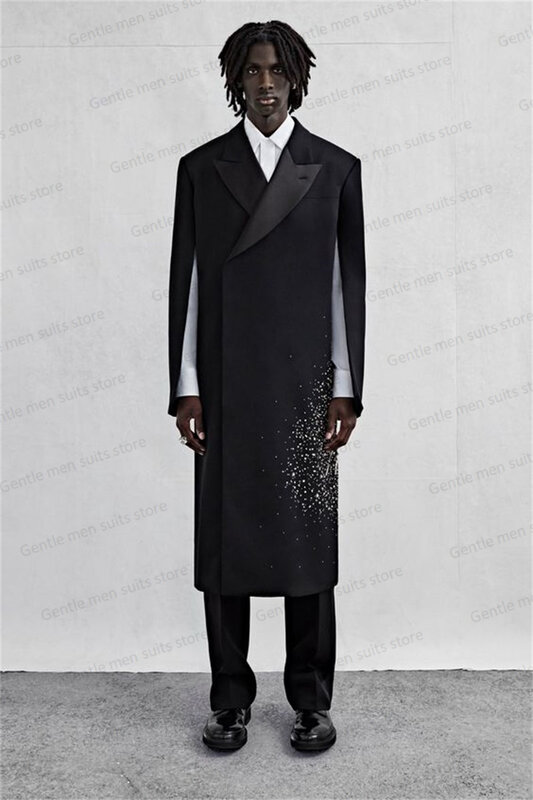 Crystals Men Suits Set 2 Piece Long Blazer+Pant Black Prom Groom Wedding Tuxedo Cape Sleeves Coat Tailored Formal Office Jacket