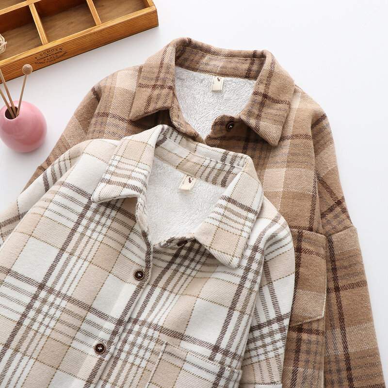 2023 Winter Thick Velvet Plaid Shirts Jacket Women Autumn Keep Warm Blouses and Tops New Casual Slim Female Clothes Coat Outwear