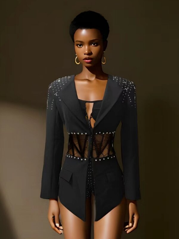 Sexy Party 2 Two-Piece Set Women Black Luxury Sequin Strapless Jumpsuit + Long Sleeved Diamonds Blazer Suits Evening Runway Club