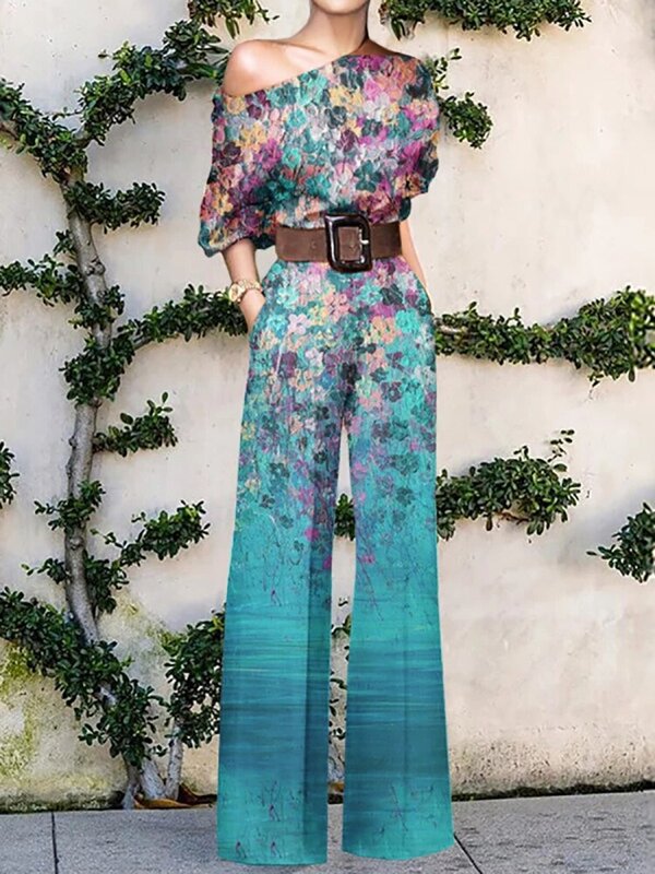 2022 Summer Elegant Pattern Print Party Jumpsuit Lady Sexy Off Shoulder Romper Women New Fashion Wide Leg Pant Playsuit Overalls