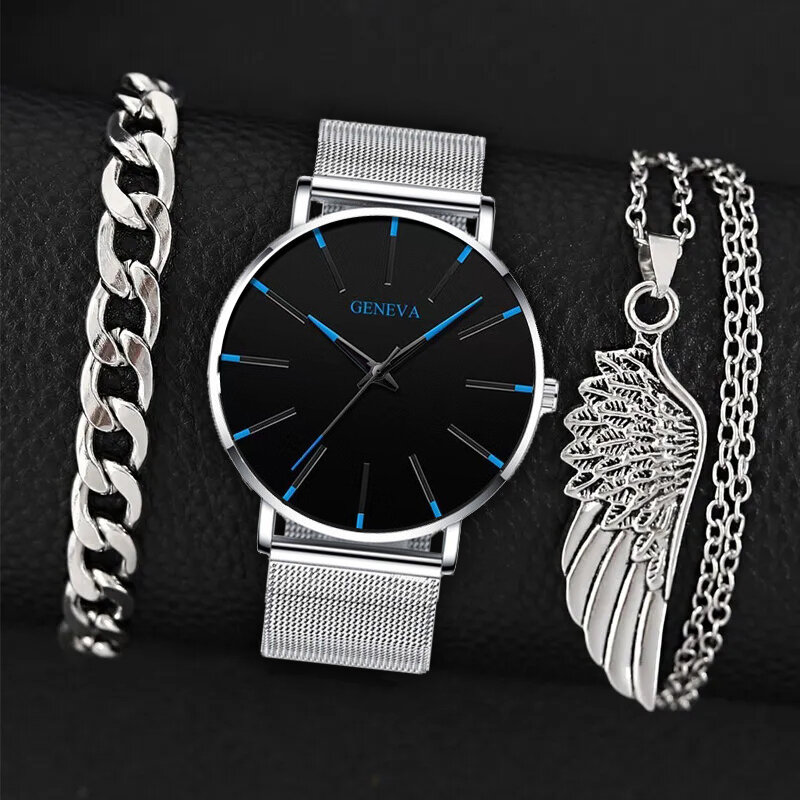 Jam tangan pria, 3 buah Set Fashion pria jam tangan sederhana pria bisnis gelang sayap kalung Ultra tipis baja anti karat sabuk jala jam tangan kuarsa