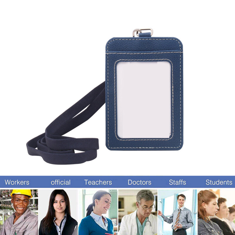 ID Badge Card Holder Pu Leather Vertical Clip Necks Strap Lanyard Necklace Case