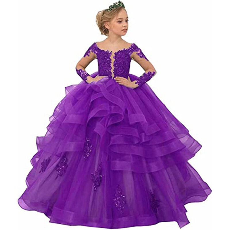 Children's Wedding Dress Girl's Long Sleeved Lace Performance Birthday Fluffy Princess Cake Long Dresses Ball Gown