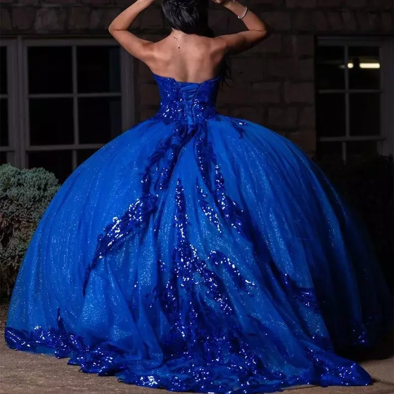 Royal Blue Princess Ball Gown Quinceanera Dresses Vestidos De 15 Años Bling Sequined Tulle Brithday Prom Dress