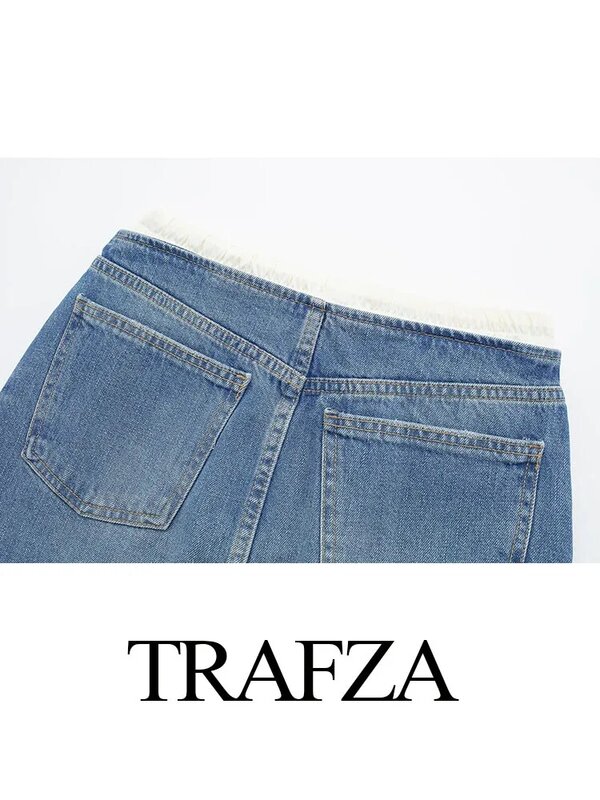 Trafza Dames Nieuwe Mode Casual Denim Patchwork Mini Rok Vrouw Vintage Slanke Hoge Taille Kanten Rokken Streetwear Mujer