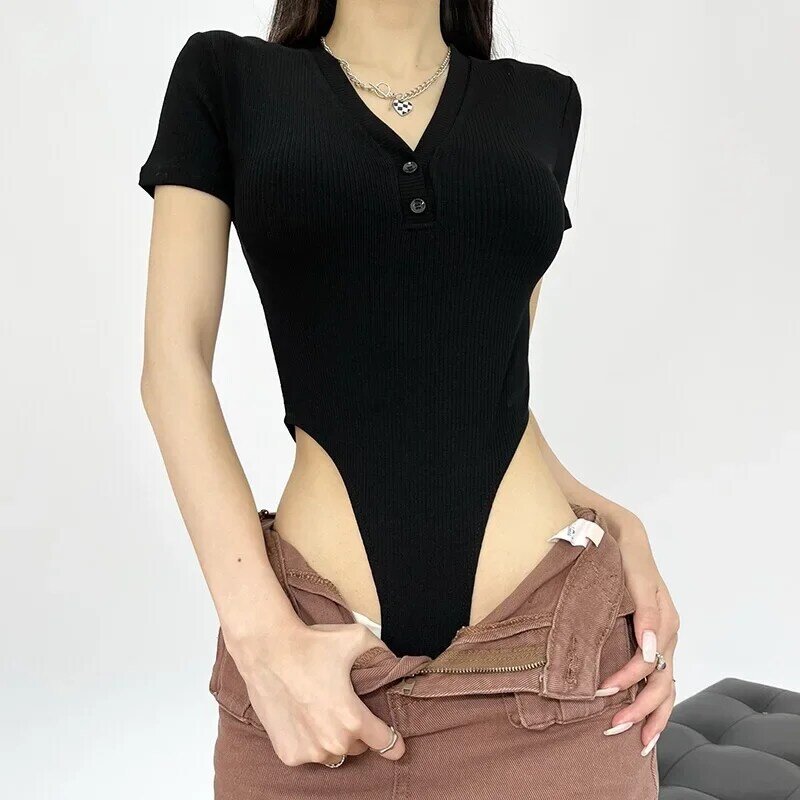 Yuqi gerippt Vintage Kurzarm Knopf oben sexy Bodysuit Bandage V-Ausschnitt Bodycon Club Party Körper Frauen Outfit hohe Taille y2k Tops