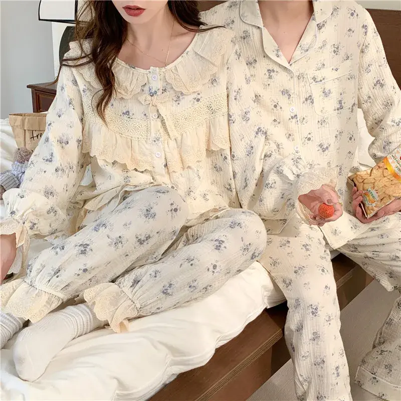 Французские элегантные кружевные пижамные комплекты, милая одежда для сна в стиле ретро с цветочным принтом, кардиган на пуговицах, хлопковая домашняя одежда для пар, осень D804
