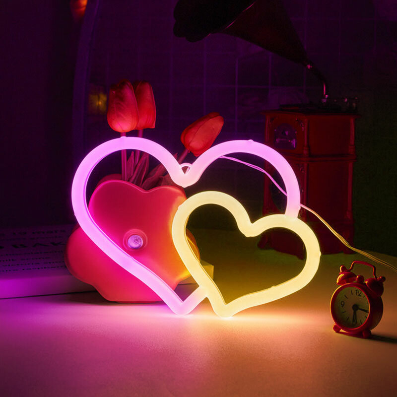Lampu malam LED tanda Neon cinta ganda, pencahayaan suasana bertenaga baterai/USB, untuk ulang tahun, ruang tamu, taman, halaman, dekorasi