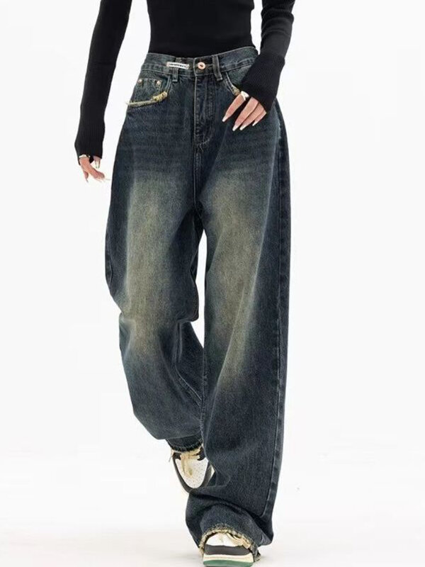 Wide Leg Jeans Women Elegant Casual Korean Fashion Style High Waist Daily Retro Washed Vintage Streeetwear Chic All-match Basic