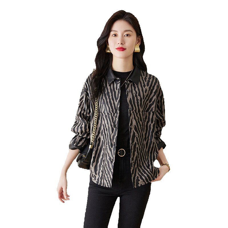 Ji Xin jaket kulit asli wanita, jaket pas longgar kulit tunggal bercetak pendek kulit domba