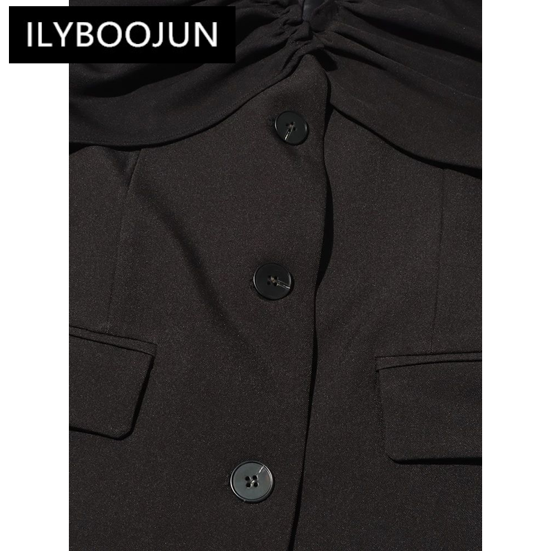 ILYBOOJUN Solid Patchwork Folds Blazer For Women V Neck Long Sleeve Spliced Single Breasted Chic Blazers Female Fashion New
