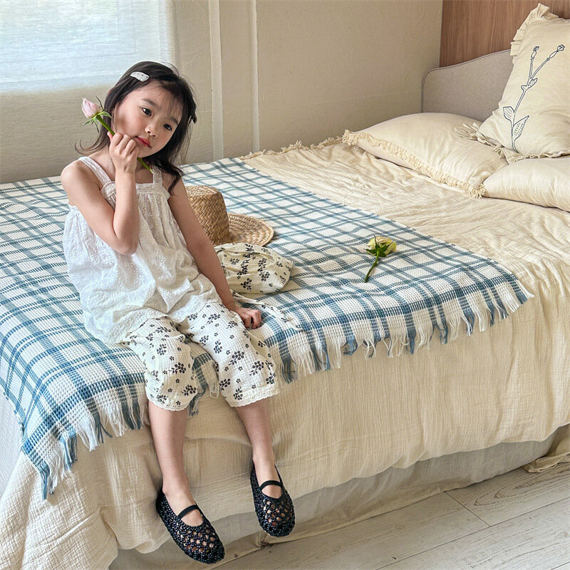 여아용 코튼 린넨 프린트 바지, 귀여운 유아 의류, 한국 스타일 아동복, 1-7 T, 2024 여름 신상