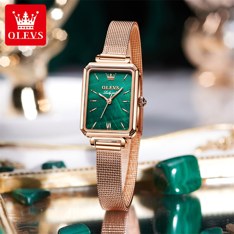 Olves นาฬิกาควอตซ์สีเขียวแฟชั่นใหม่สำหรับผู้หญิงสายสแตนเลสทองกุหลาบเสื้อผ้ากุลสตรีตาข่าย relogio feminino