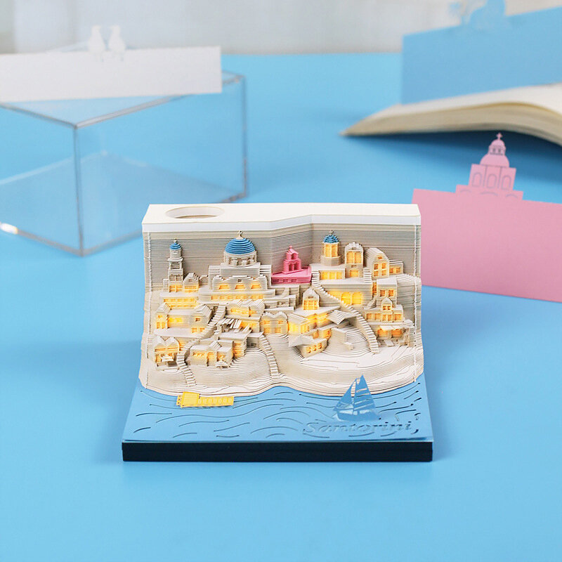 책상 메모 패드 LED 조명 포함, 산토리니 해변 풍경 건축 3D 메모장 조각, 학교 가정 사무실용 선물
