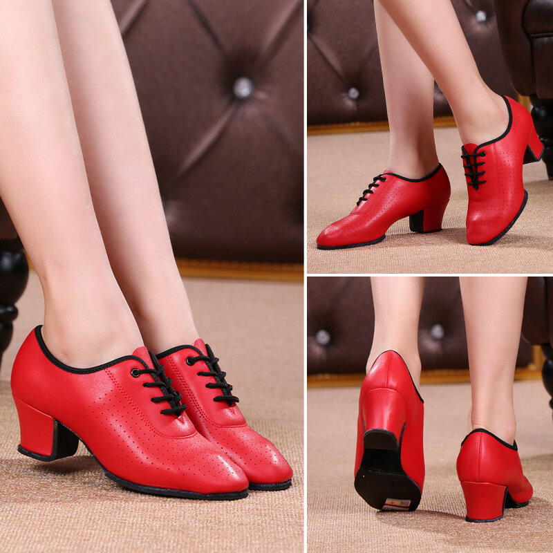 Zapatos de baile para mujer, Calzado con suela de microfibra, de goma, color negro y rojo, con suela recta, Cuadrado y moderno