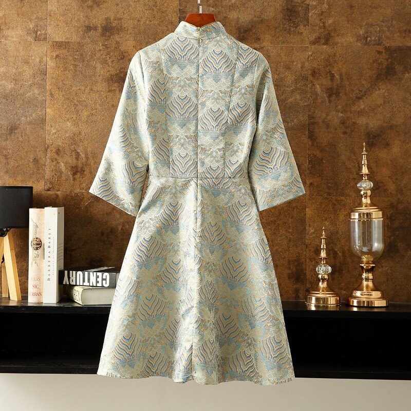 Nowy Retro stójka z 3/4 rękawami duża huśtawka ulepszona qipao sukienka Xiangyun żakardowa w stylu narodowym