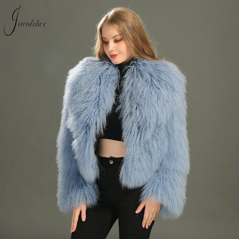 Jxwatcher-abrigo de piel mongol para mujer, chaqueta mullida y cálida con cuello vuelto, corta, a la moda, para Otoño e Invierno