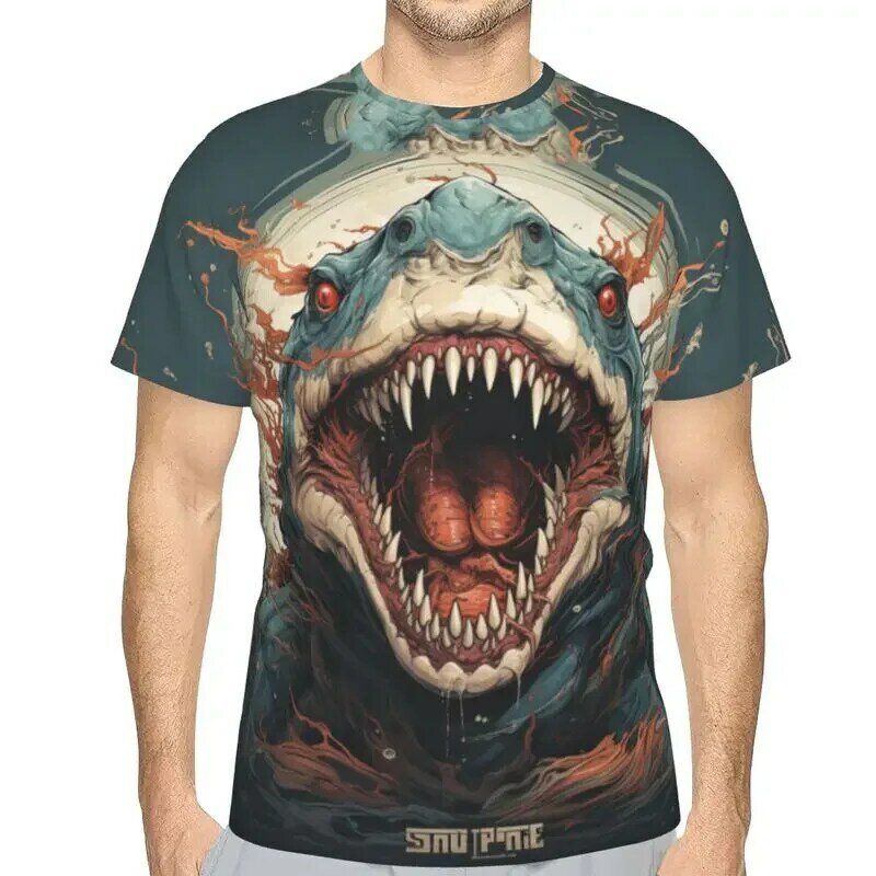 Men's Fashion Casual Loose Trendy 3D Handsome Shark Man Printed T-shirt Cool and Breathable Short Sleeved Top Y2K