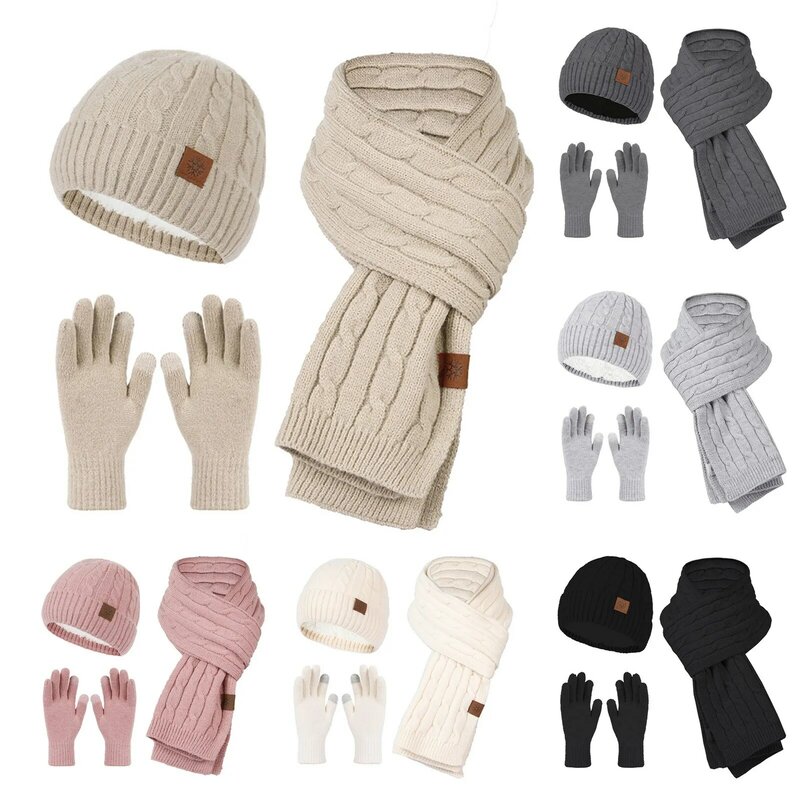 Set tiga potong sarung tangan syal wanita, topi rajut bulu domba tahan dingin menjaga kehangatan