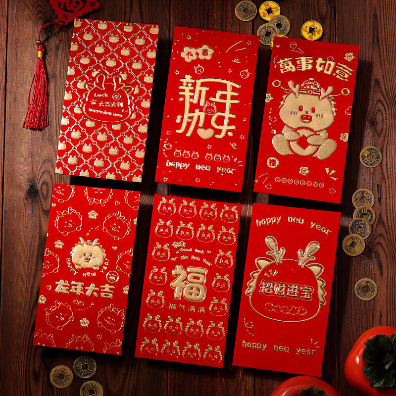 6 szt. 2024 rok smoka w stylu chińskim czerwone opakowanie nowy rok błogosławieństwo torebka prezent szczęście portfel kreskówka czerwone koperty materiał świąteczny