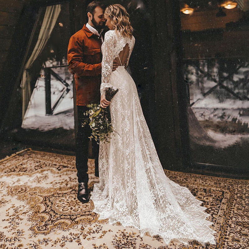 Bohemian Long Sleeves Floral Lace V Neck Outdoor Wedding Dress Elopement Hollow Sheath 2023 Modest Pearls Rustic Bridal Gown
